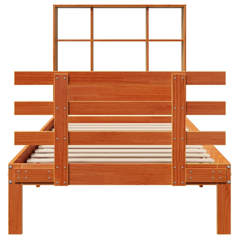 vidaXL barna tömör fenyőfa könyvespolcos ágy matrac nélkül 100 x 200cm