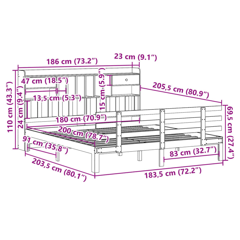 vidaXL fehér tömör fenyőfa könyvespolcos ágy matrac nélkül 180x200 cm