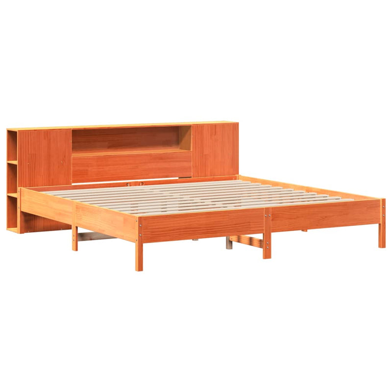 vidaXL barna tömör fenyőfa könyvespolcos ágy matrac nélkül 200 x 200cm