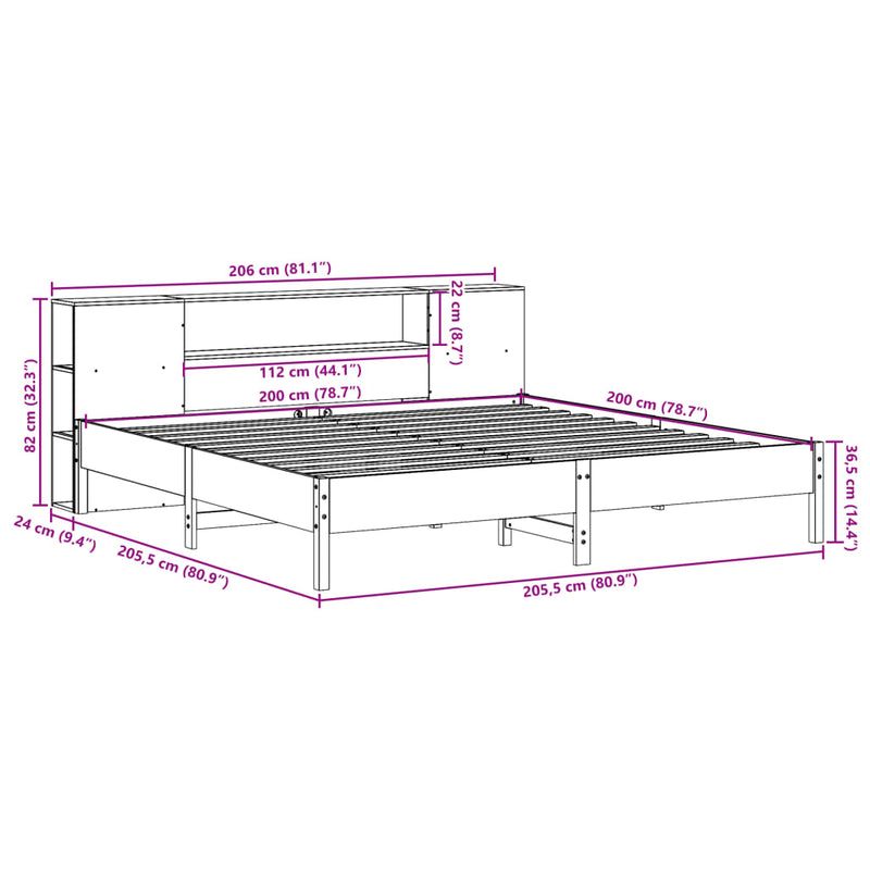 vidaXL barna tömör fenyőfa könyvespolcos ágy matrac nélkül 200 x 200cm
