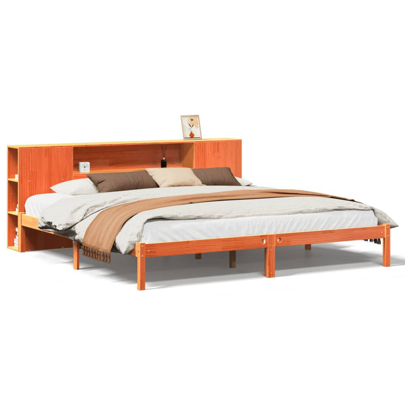 vidaXL barna tömör fenyőfa könyvespolcos ágy matrac nélkül 180 x 200cm
