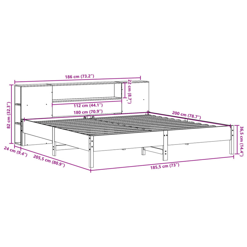vidaXL barna tömör fenyőfa könyvespolcos ágy matrac nélkül 180 x 200cm