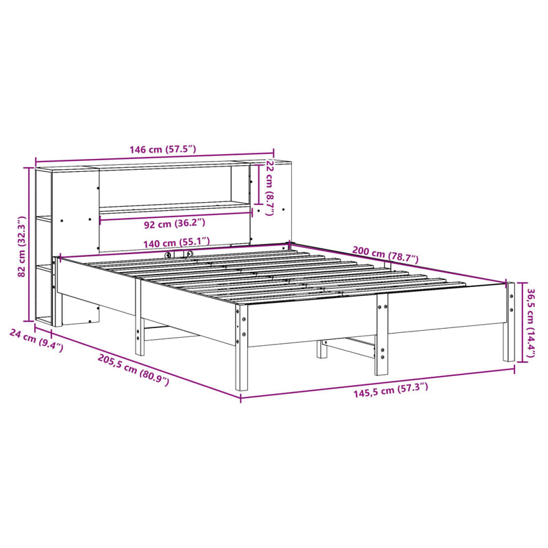 vidaXL tömör fenyőfa könyvespolcos ágy matrac nélkül 140 x 200 cm