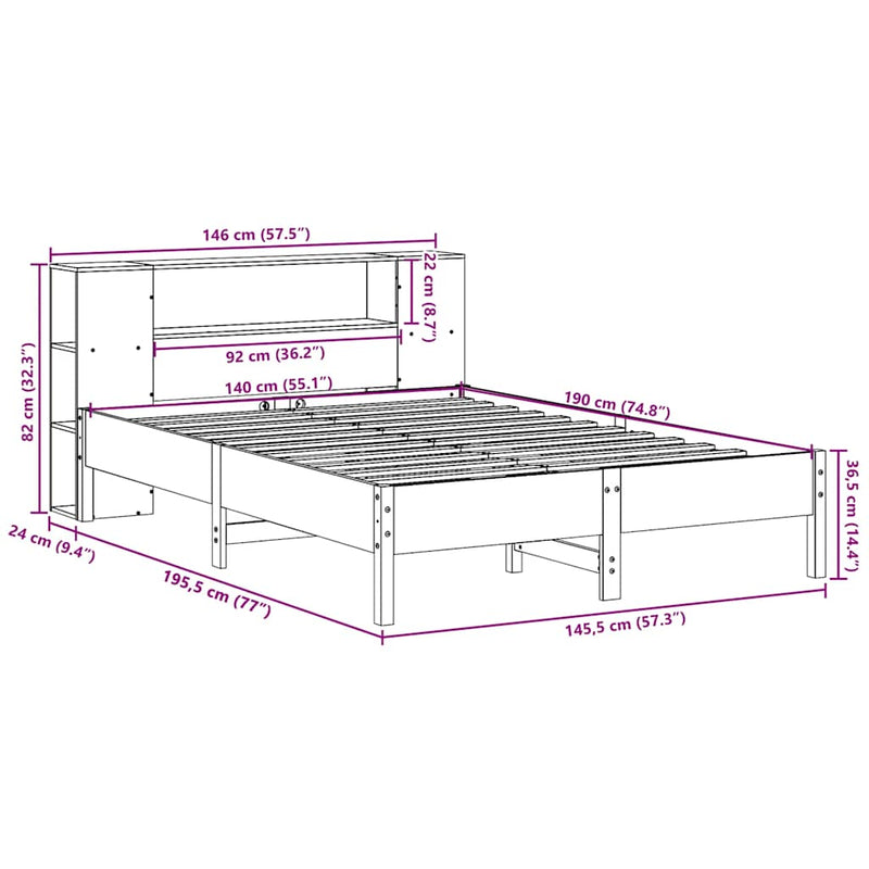 vidaXL tömör fenyőfa könyvespolcos ágy matrac nélkül 140 x 190 cm