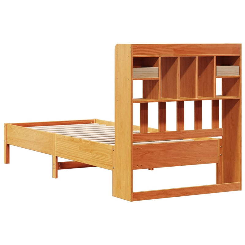 vidaXL barna tömör fenyőfa könyvespolcos ágy matrac nélkül 100 x 200cm