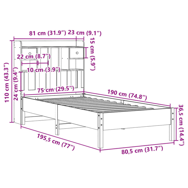 vidaXL tömör fenyőfa könyvespolcos ágy matrac nélkül 75 x 190 cm