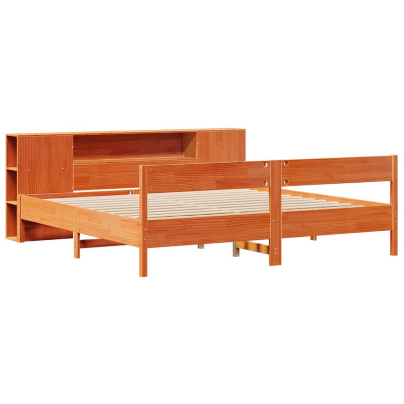 vidaXL barna tömör fenyőfa könyvespolcos ágy matrac nélkül 180 x 200cm