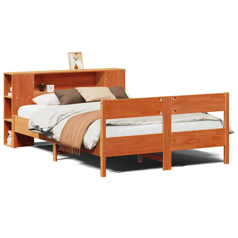 vidaXL barna tömör fenyőfa könyvespolcos ágy matrac nélkül 120 x 190cm