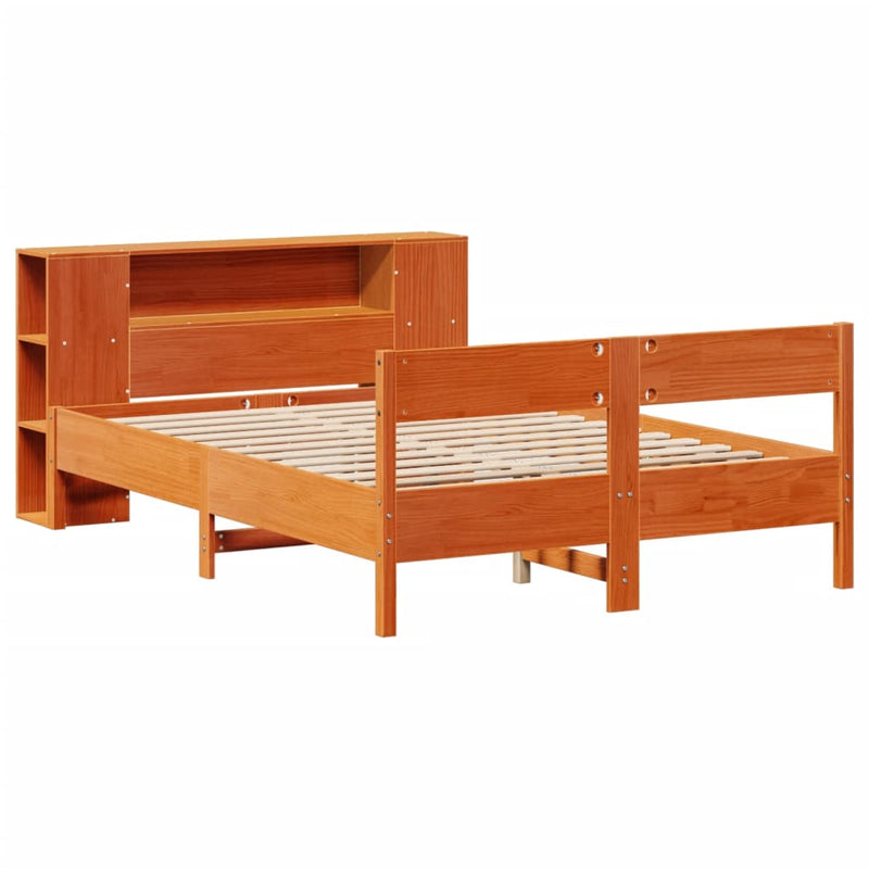 vidaXL barna tömör fenyőfa könyvespolcos ágy matrac nélkül 120 x 190cm