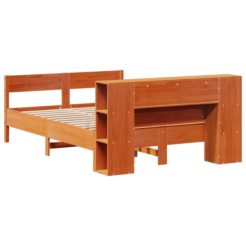 vidaXL barna tömör fenyőfa könyvespolcos ágy matrac nélkül 120 x 190cm