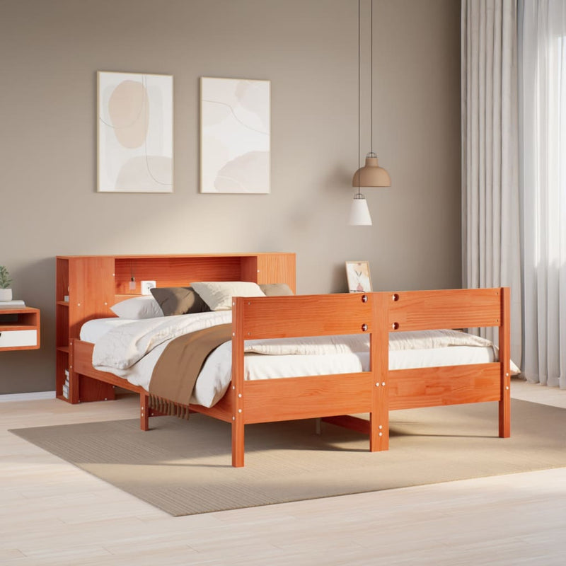 vidaXL barna tömör fenyőfa könyvespolcos ágy matrac nélkül 120 x 190cm