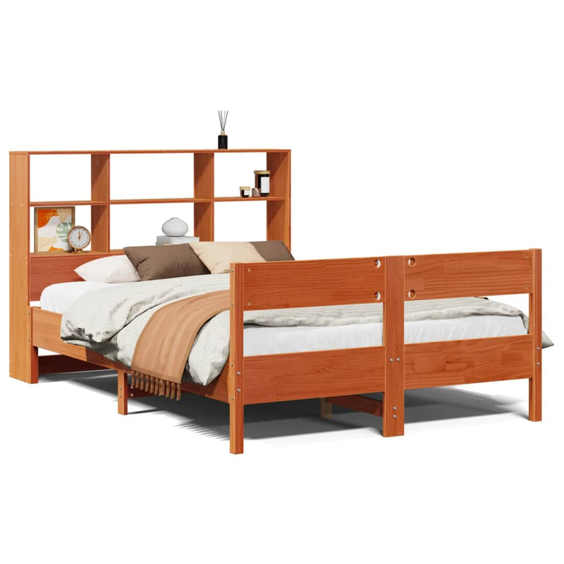 vidaXL barna tömör fenyőfa könyvespolcos ágy matrac nélkül 140 x 190cm