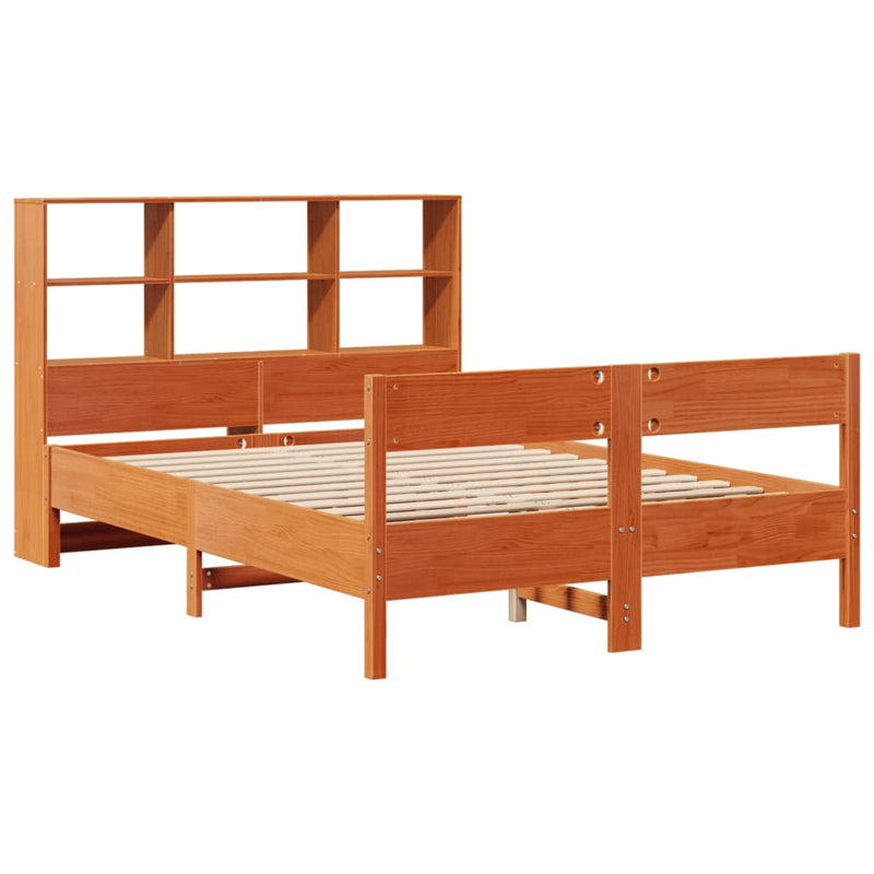 vidaXL barna tömör fenyőfa könyvespolcos ágy matrac nélkül 140 x 190cm