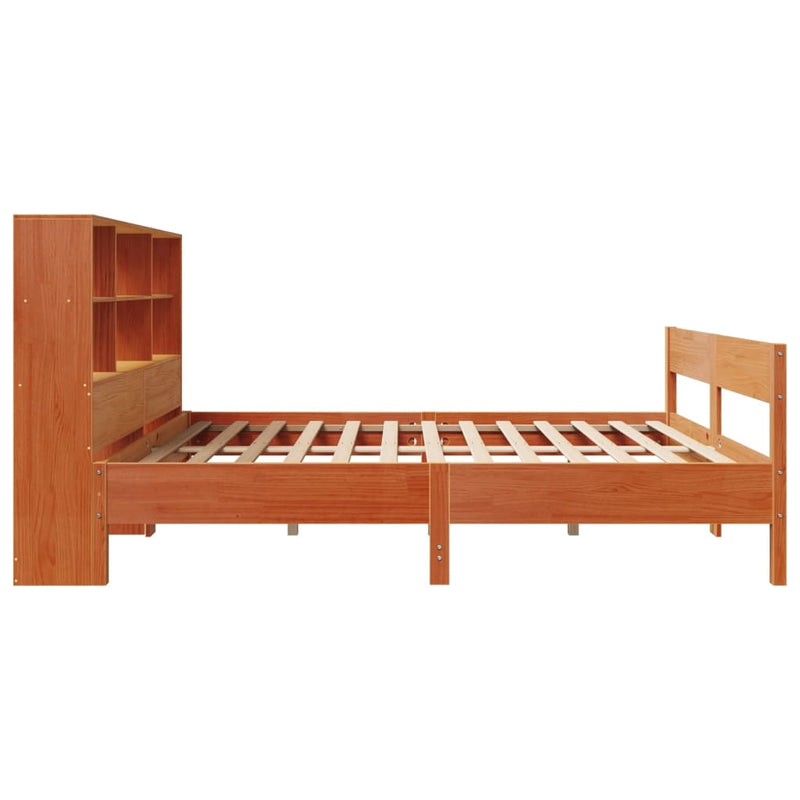 vidaXL barna tömör fenyőfa könyvespolcos ágy matrac nélkül 140 x 190cm