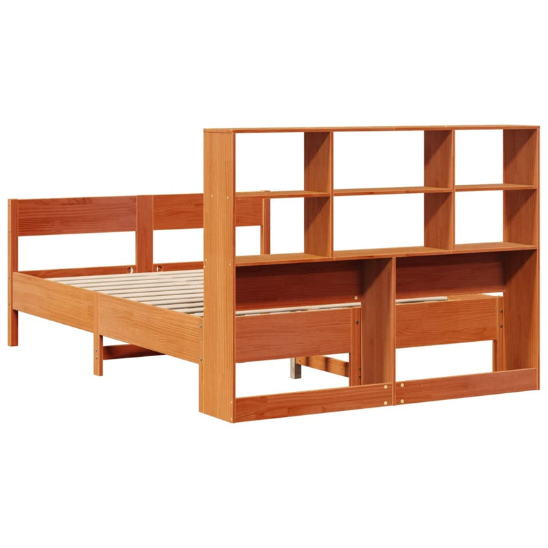 vidaXL barna tömör fenyőfa könyvespolcos ágy matrac nélkül 140 x 190cm