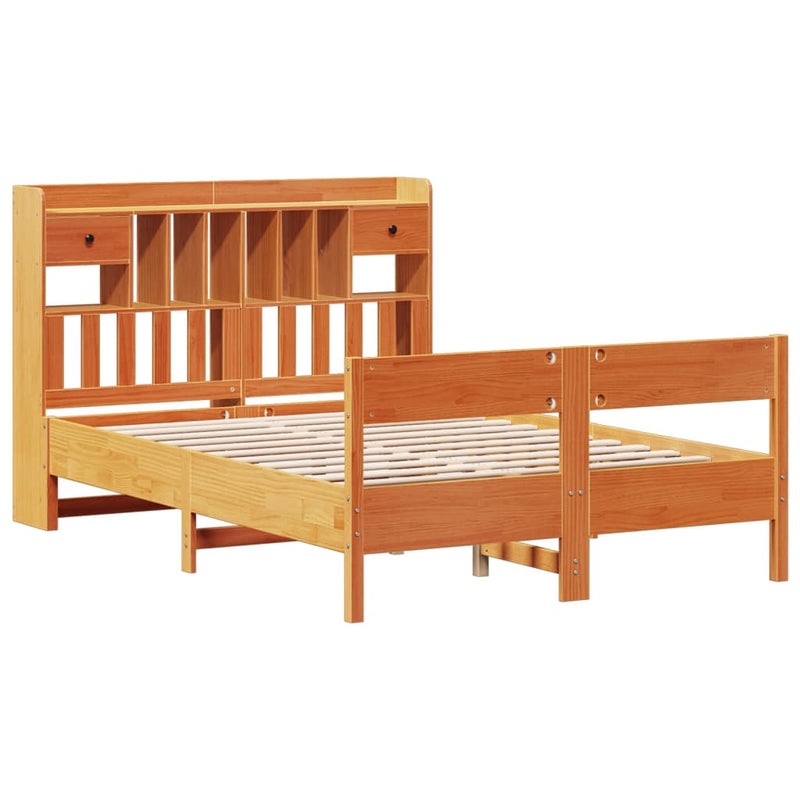 vidaXL barna tömör fenyőfa könyvespolcos ágy matrac nélkül 150 x 200cm