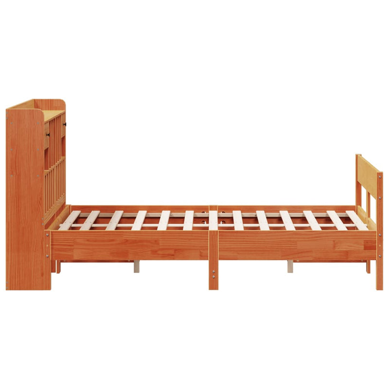 vidaXL barna tömör fenyőfa könyvespolcos ágy matrac nélkül 150 x 200cm
