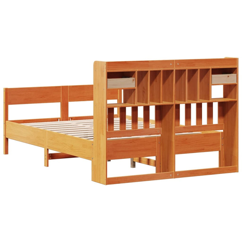 vidaXL barna tömör fenyőfa könyvespolcos ágy matrac nélkül 150 x 200cm