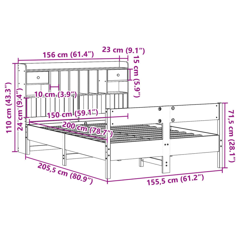 vidaXL barna tömör fenyőfa könyvespolcos ágy matrac nélkül 150 x 200cm