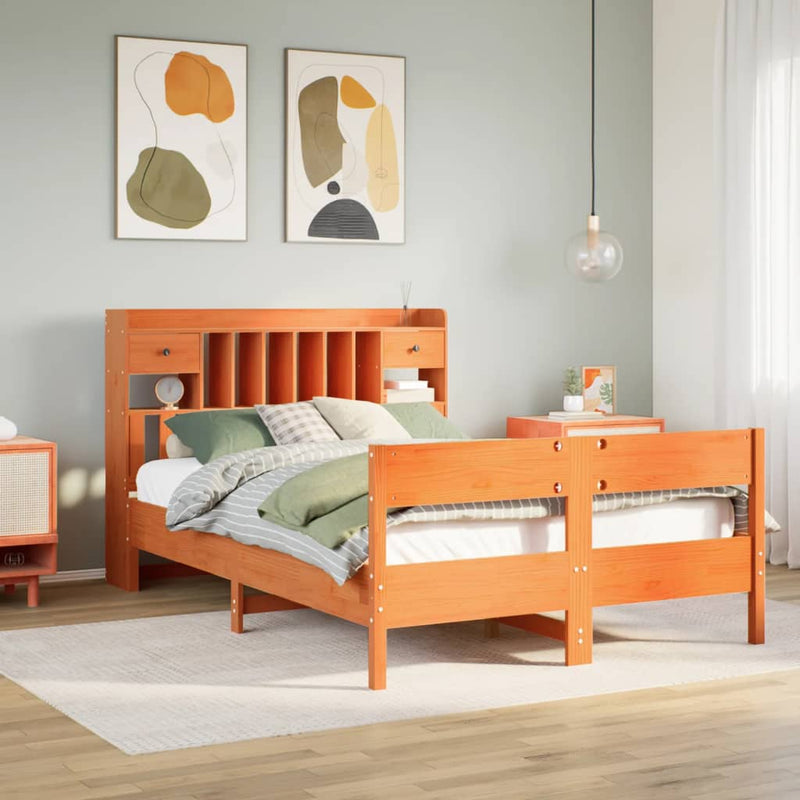 vidaXL barna tömör fenyőfa könyvespolcos ágy matrac nélkül 150 x 200cm
