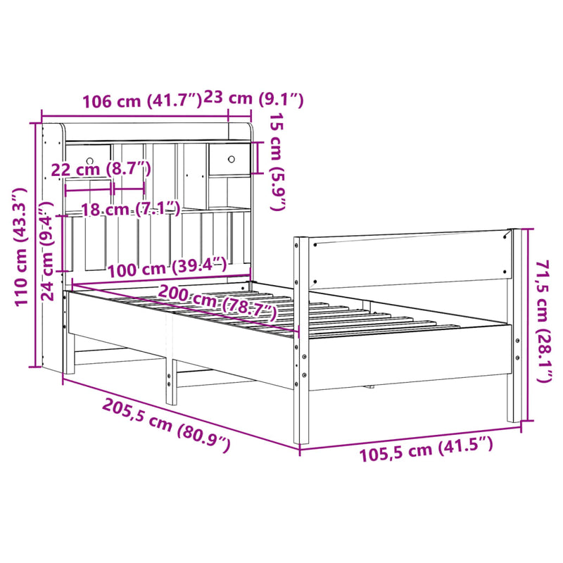 vidaXL barna tömör fenyőfa könyvespolcos ágy matrac nélkül 100 x 200cm