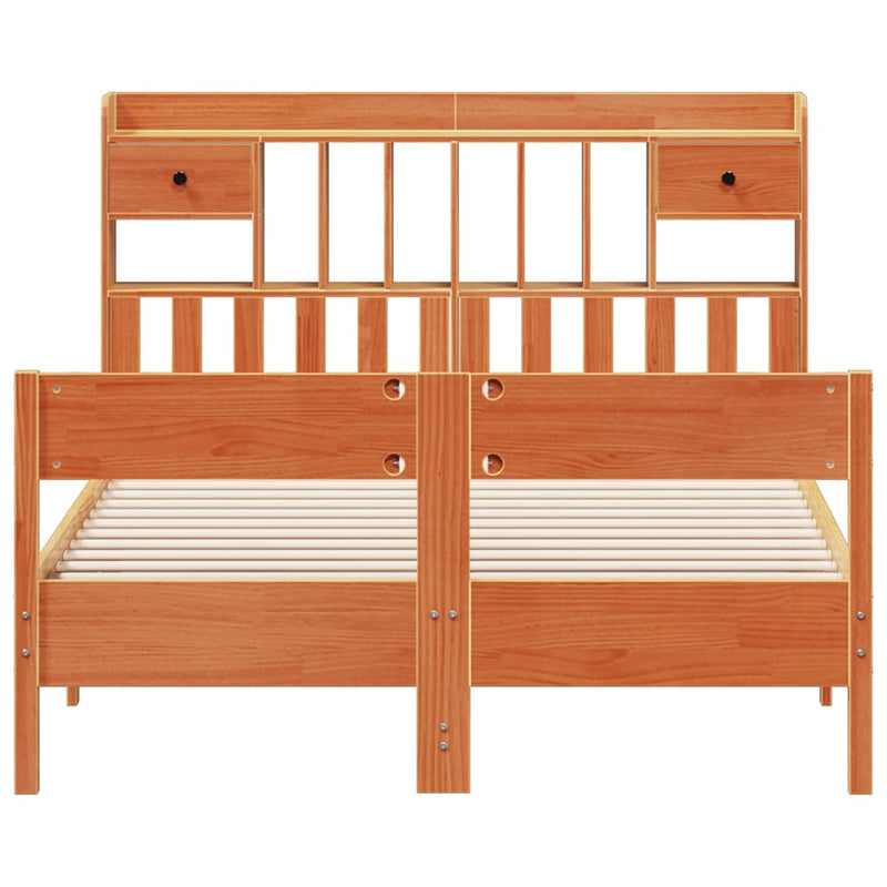 vidaXL barna tömör fenyőfa könyvespolcos ágy matrac nélkül 140 x 190cm