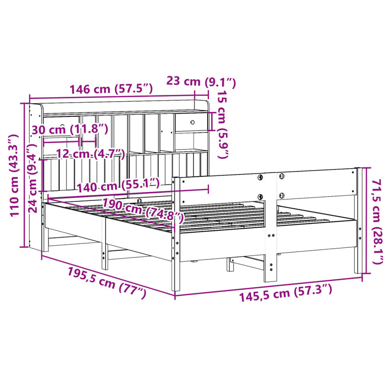 vidaXL barna tömör fenyőfa könyvespolcos ágy matrac nélkül 140 x 190cm