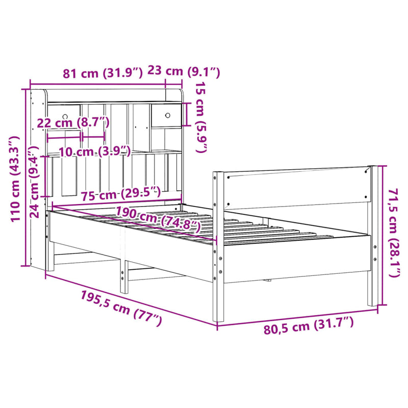 vidaXL fehér tömör fenyőfa könyvespolcos ágy matrac nélkül 75 x 190 cm