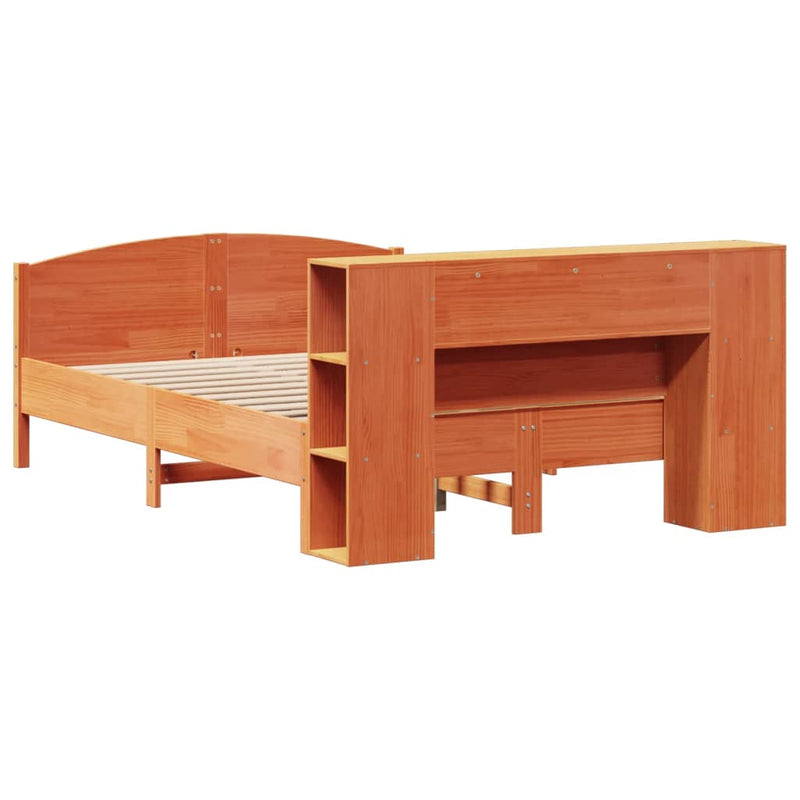 vidaXL barna tömör fenyőfa könyvespolcos ágy matrac nélkül 140 x 190cm