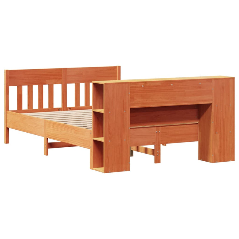 vidaXL barna tömör fenyőfa könyvespolcos ágy matrac nélkül 120 x 190cm