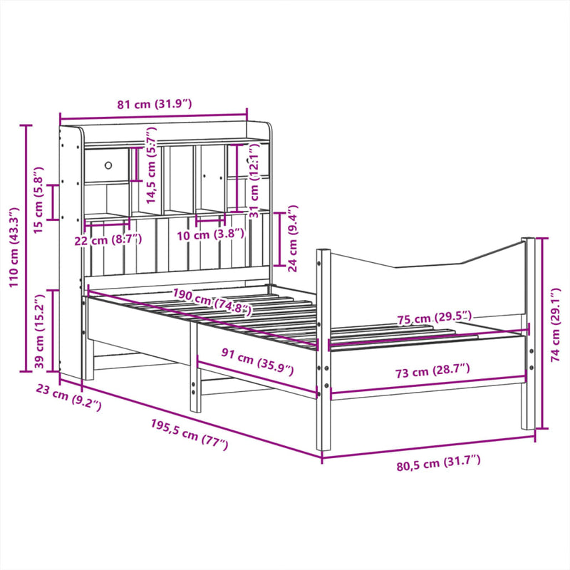 vidaXL viaszbarna tömör fenyőfa ágy matrac nélkül 75 x 190 cm