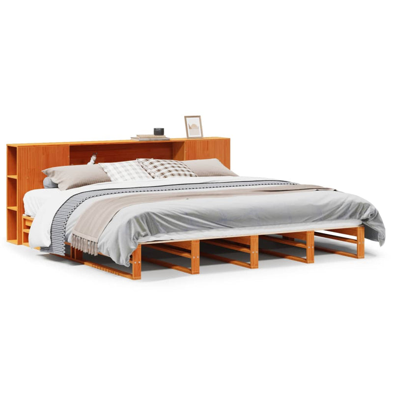 vidaXL viaszbarna tömör fa könyvespolcos ágy matrac nélkül 180 x 200cm