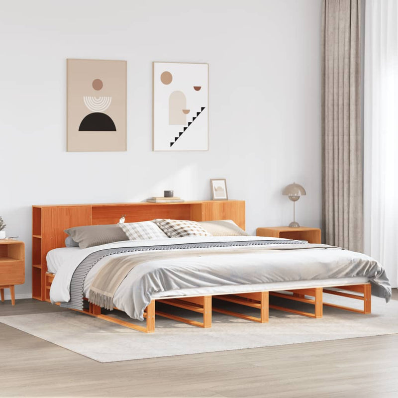 vidaXL viaszbarna tömör fa könyvespolcos ágy matrac nélkül 180 x 200cm