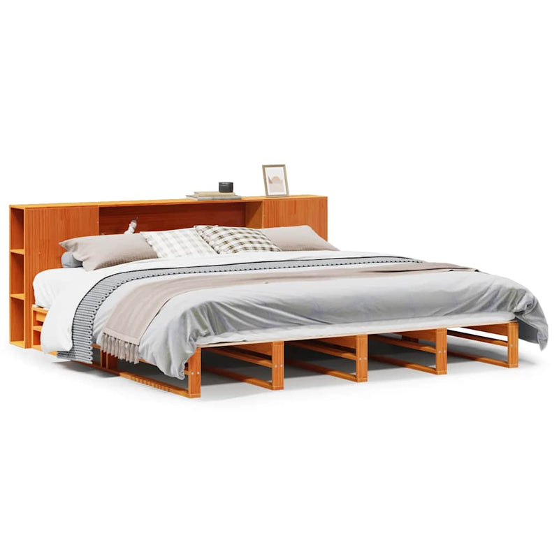 vidaXL viaszbarna tömör fa könyvespolcos ágy matrac nélkül 200 x 200cm