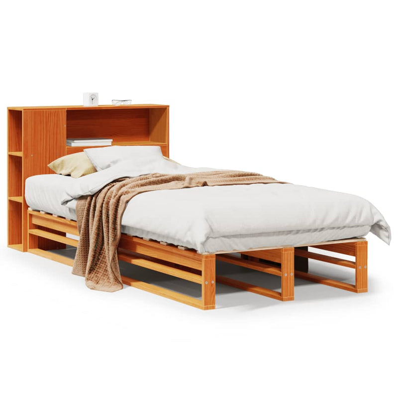 vidaXL viaszbarna tömör fa könyvespolcos ágy matrac nélkül 90 x 190 cm