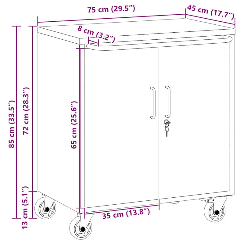vidaXL Munkapad zárral Fekete és szürke 75 x 45 x 85 cm Porszórt Acél