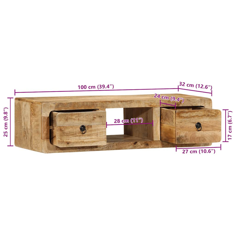 vidaXL tömör nyers mangófa falra szerelhető TV-szekrény 100x32x25 cm