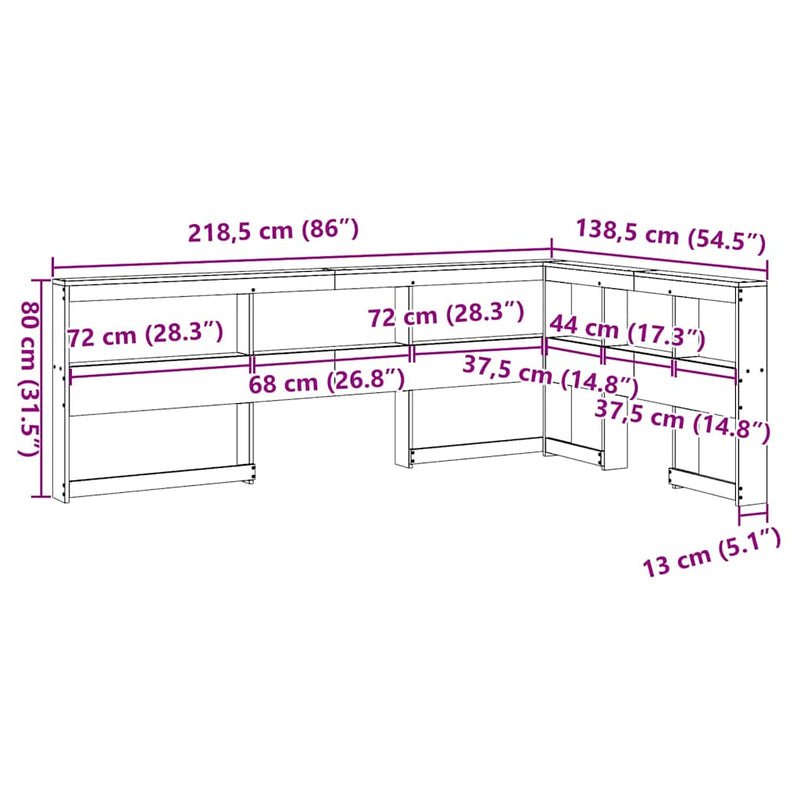 vidaXL Könyvespolc fejtámla L-alakú viaszbarna 120 cm tömör fa fenyőfa