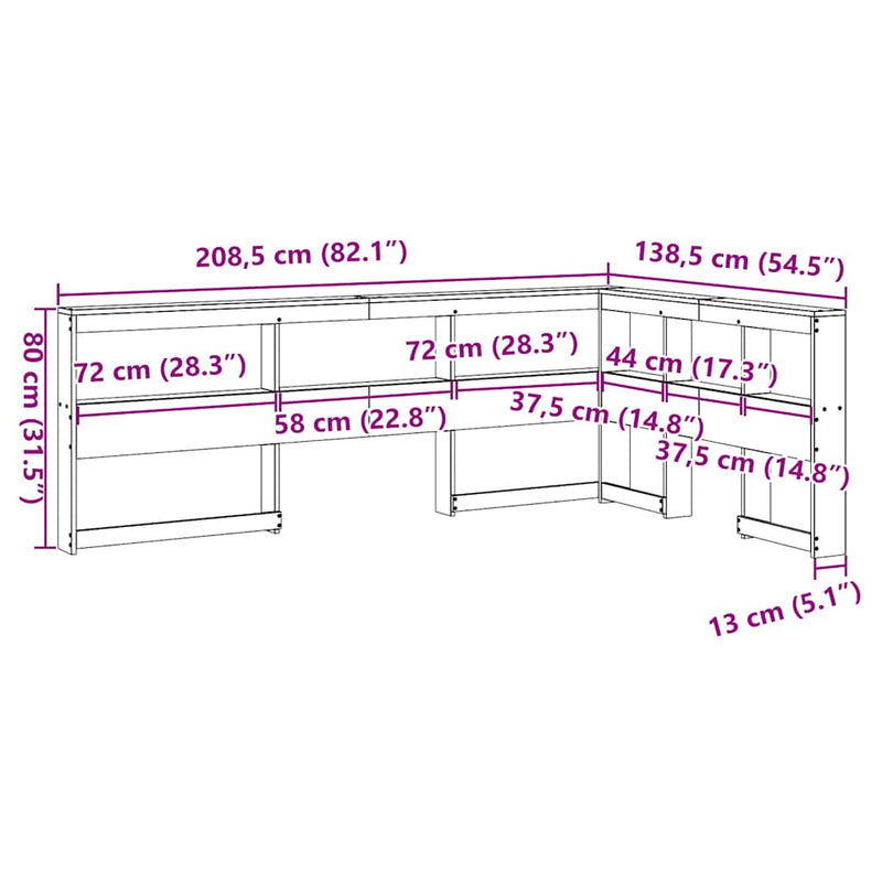 vidaXL Könyvespolc fejtámla L-alakú 120 cm tömörfa fenyőfa