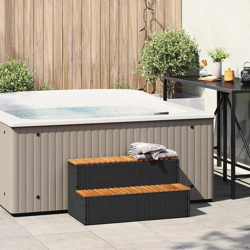 vidaXL pezsgőfürdő lépcső fekete 100x50x50,5 cm polyrattan és akácfa
