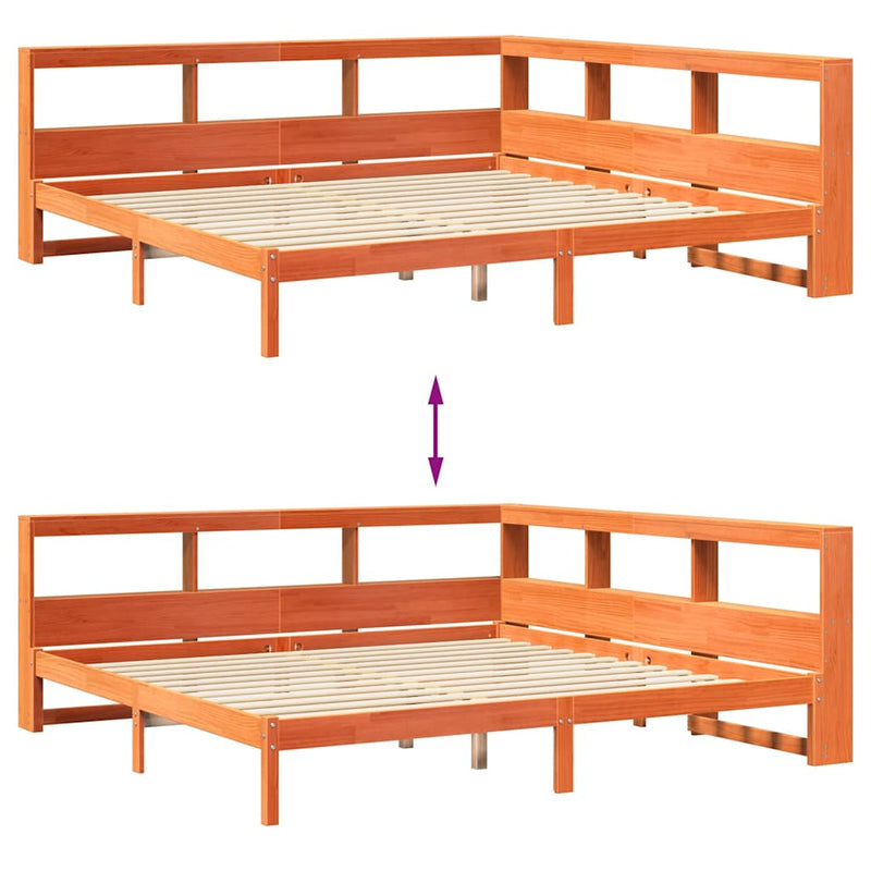 vidaXL barna tömör fenyőfa könyvespolcos ágy matrac nélkül 200 x 200cm