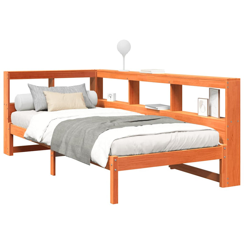 vidaXL barna tömör fenyőfa könyvespolcos ágy matrac nélkül 100 x 200cm