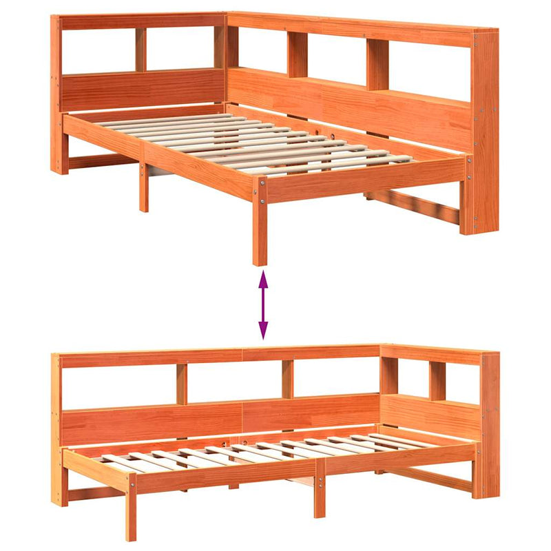 vidaXL barna tömör fenyőfa könyvespolcos ágy matrac nélkül 100 x 200cm