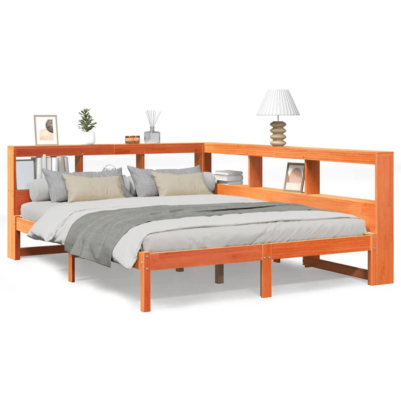 vidaXL barna tömör fenyőfa könyvespolcos ágy matrac nélkül 140 x 190cm