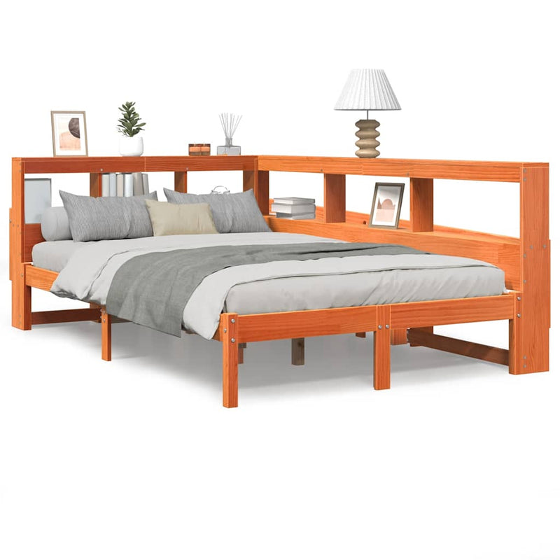 vidaXL barna tömör fenyőfa könyvespolcos ágy matrac nélkül 135 x 190cm