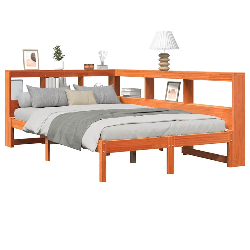 vidaXL barna tömör fenyőfa könyvespolcos ágy matrac nélkül 135 x 190cm