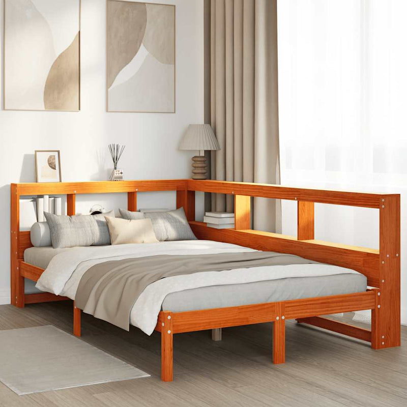 vidaXL barna tömör fenyőfa könyvespolcos ágy matrac nélkül 135 x 190cm