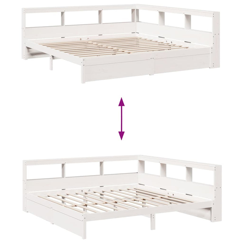 vidaXL fehér tömör fenyőfa könyvespolcos ágy matrac nélkül 200x200 cm