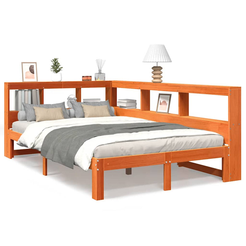 vidaXL barna tömör fenyőfa könyvespolcos ágy matrac nélkül 120 x 190cm