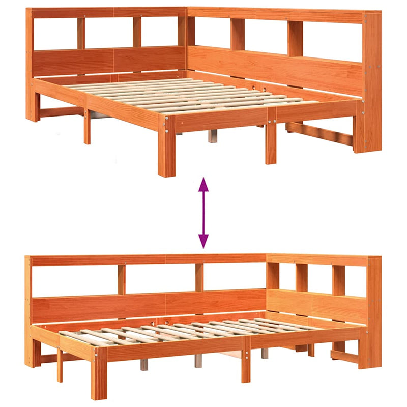 vidaXL barna tömör fenyőfa könyvespolcos ágy matrac nélkül 120 x 190cm